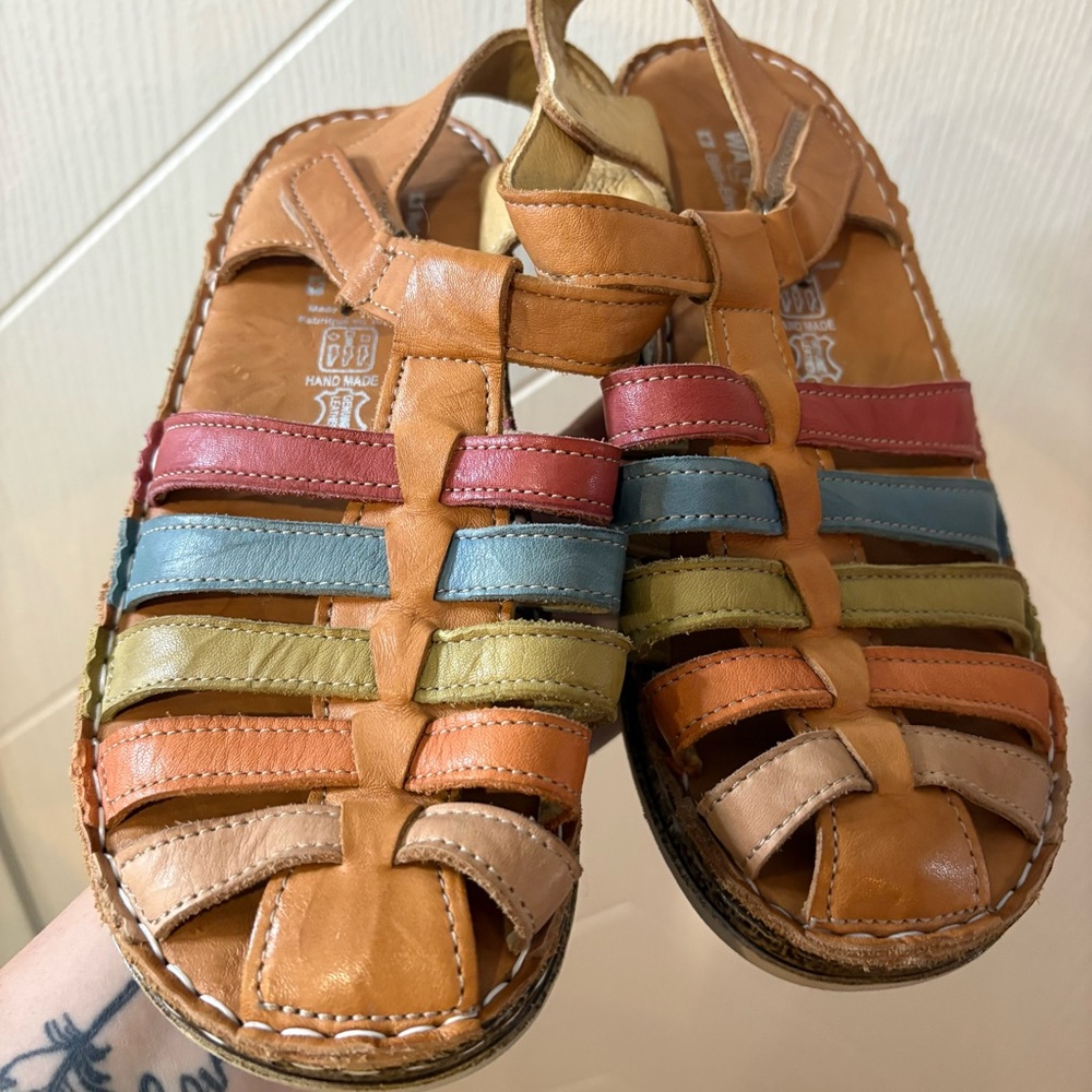 Volks Walkers Rainbow Leather Comfort Sandals Hand Made Strappy Boho Shoes Sz 40
